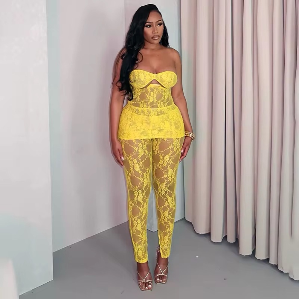 Yellow Lace 2 piece set/ leggings and tube top lace